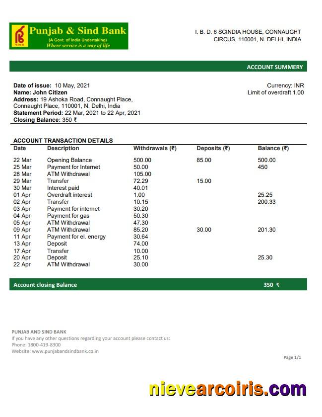 India Punjab and Sind Bank statement